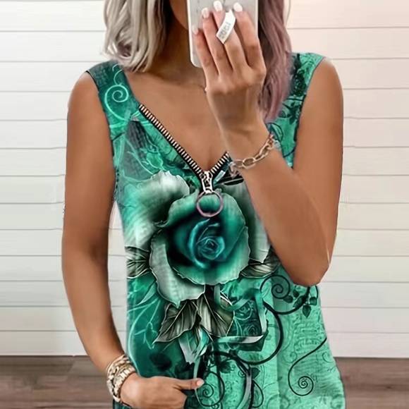 🔴 CLEARANCE 🏷️ NWT FLOWY GREEN/BLACK ROSE ZIPPER TANK TOP BLOUSE Women’s 1X 14 - Picture 3 of 9
